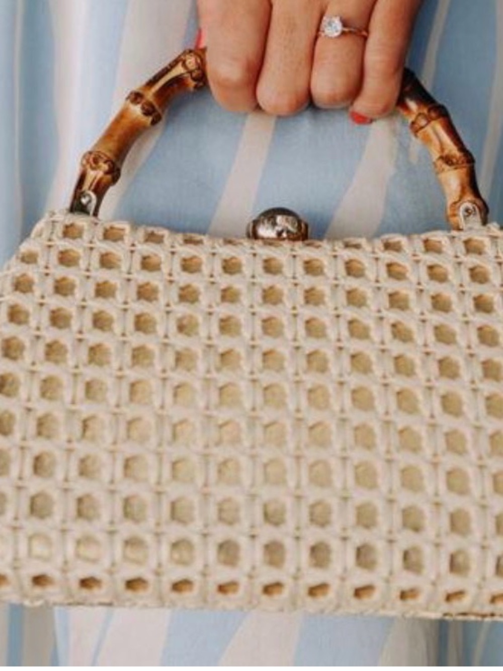 Brand New Tommy Bahama White Woven Metallic Underlay Bamboo-Handle Bag